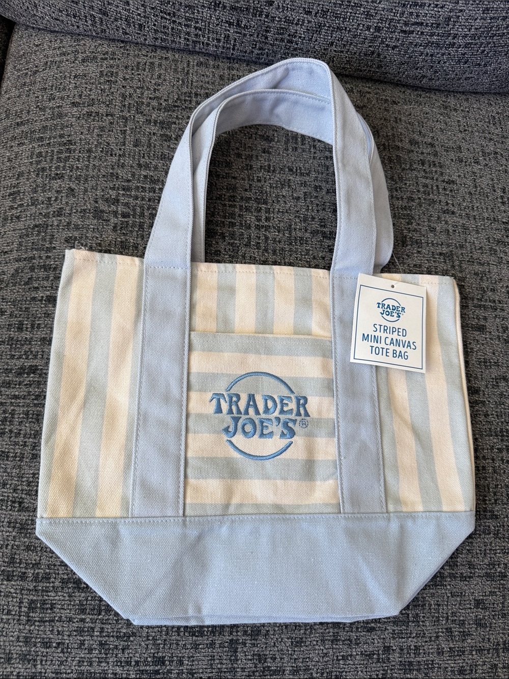 NWT Trader Joe’s Summer 2026 Mini Canvas Tote Bag, Pastel Blue Stripes